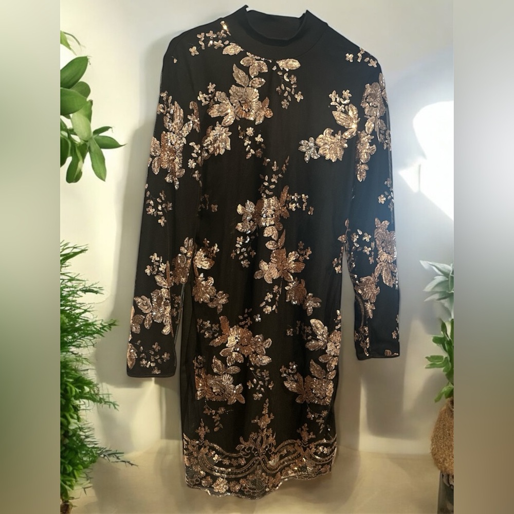 Black Sheath Dress with Cream Floral Mock Neck